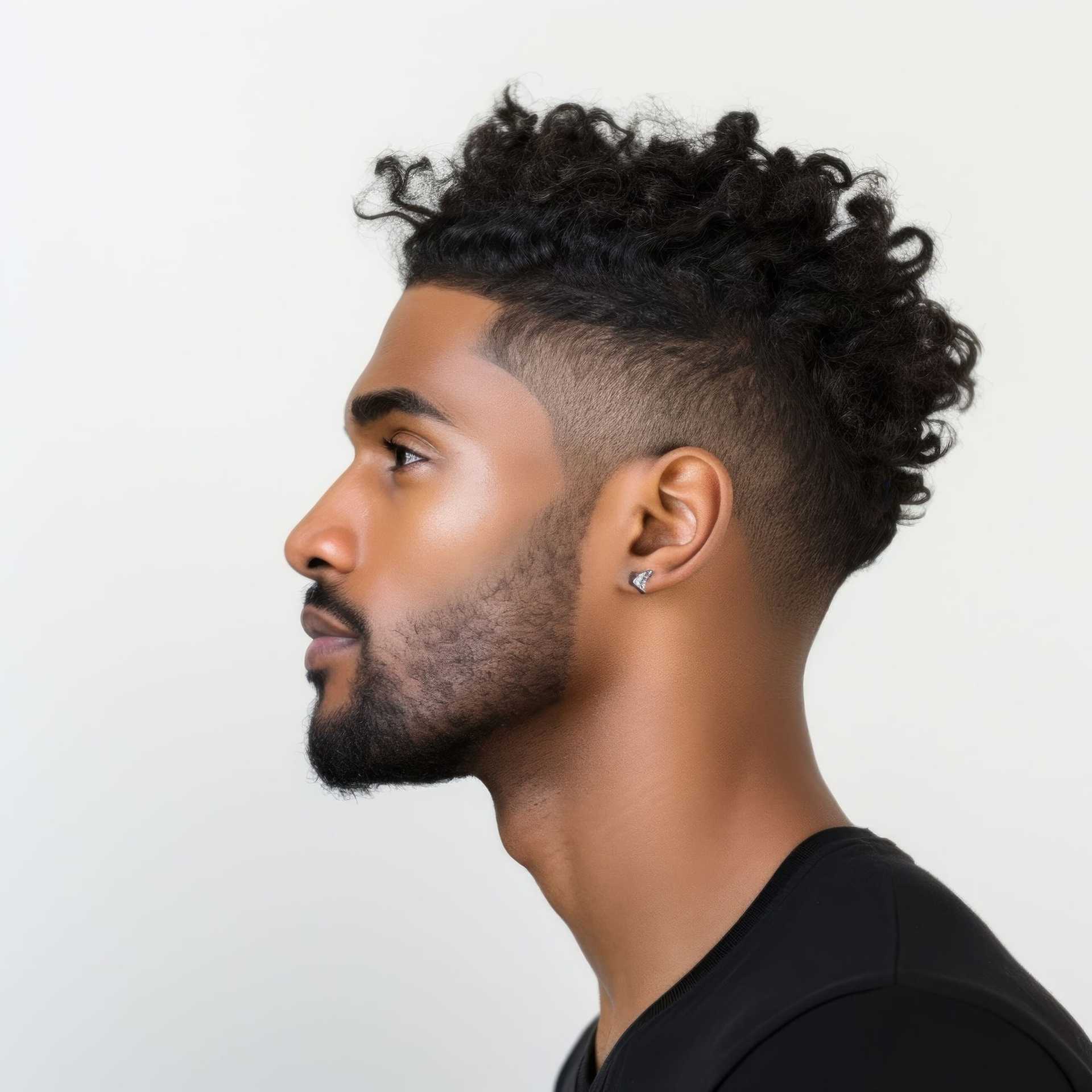Profile of a man with curly hair and beard, wearing a black shirt, on a plain background.