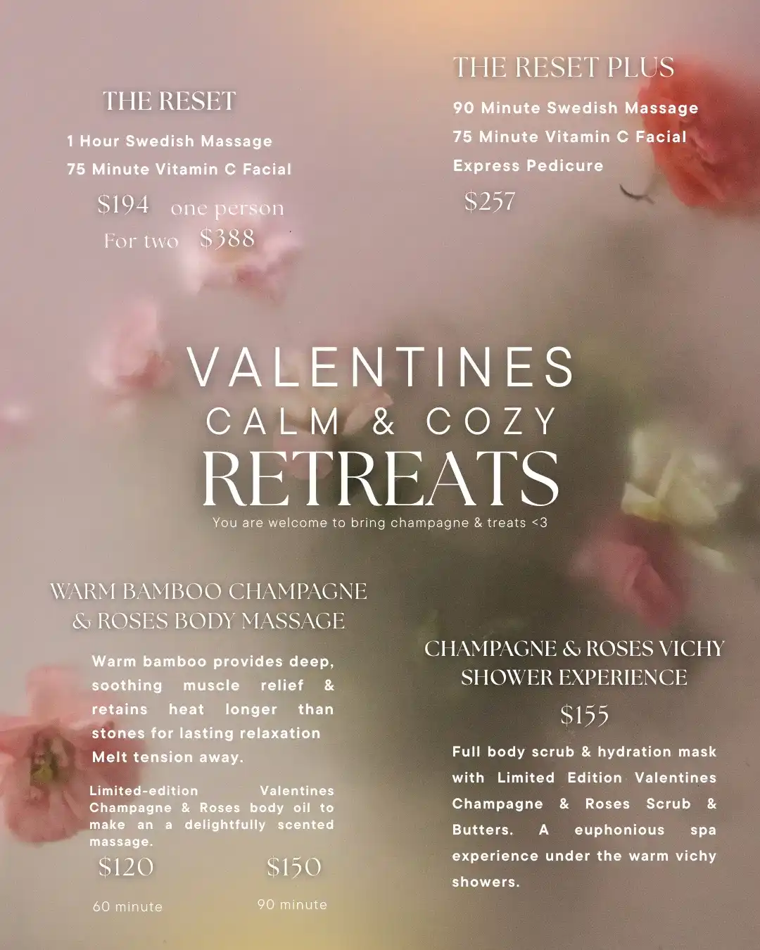 Valentine's retreat offers massages and body treatments with calming, romantic themes.