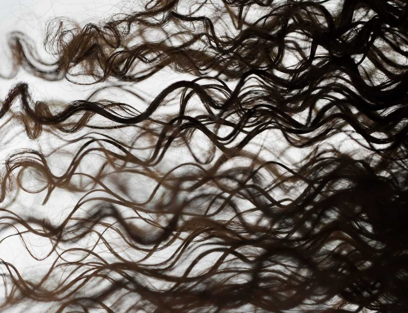 Close-up of brown curly hair strands against a light background.
