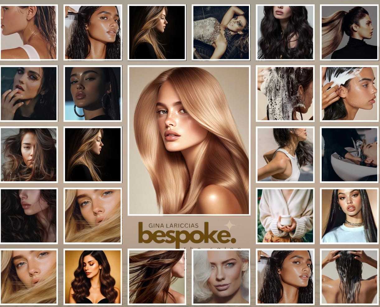 Collage of diverse hair model portraits and stylish hairdos with "bespoke" in the center.