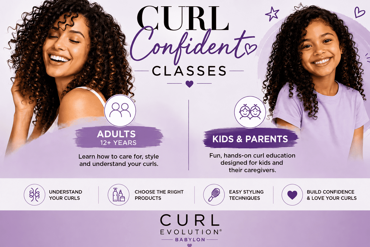 Smiling woman and child promoting Curl Confident Classes for hair care and styling skills.