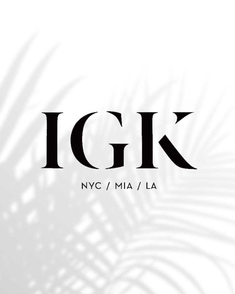 Logo with "IGK" and cities NYC, MIA, LA overlaid on shadowed palm fronds.