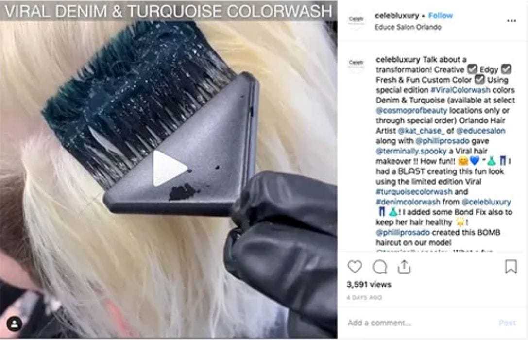 Highlighting a hair color transformation using viral denim and turquoise hair dye.