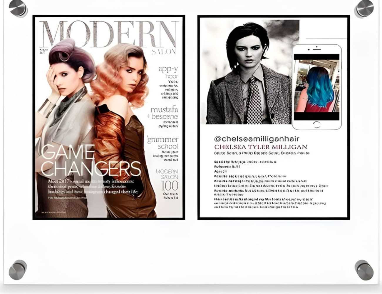 Two hairstyling magazine covers featuring models with trendy, colorful hair designs.