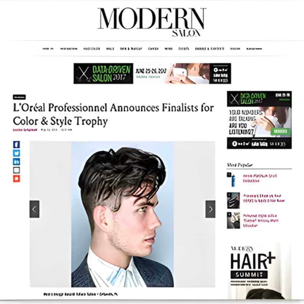 Magazine page announcing finalists for Color & Style Trophy with a photo of a stylish male model.
