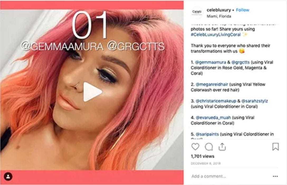 Celebrity shares hair transformation using Viral Colorlotion in coral shade, Instagram post.