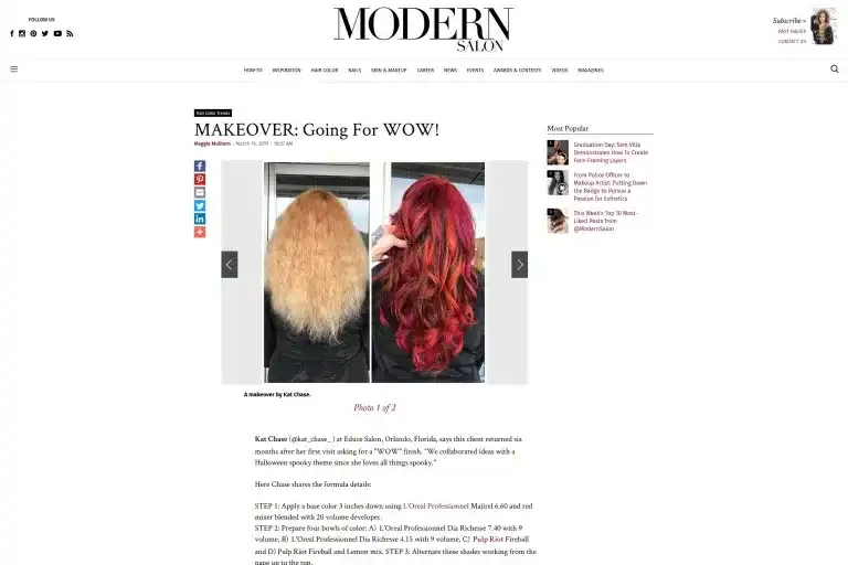 Red hair transformation from blonde on the Modern Salon website.