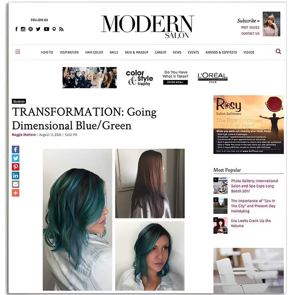 Magazine page showcasing dimensional blue/green hair transformation with images.