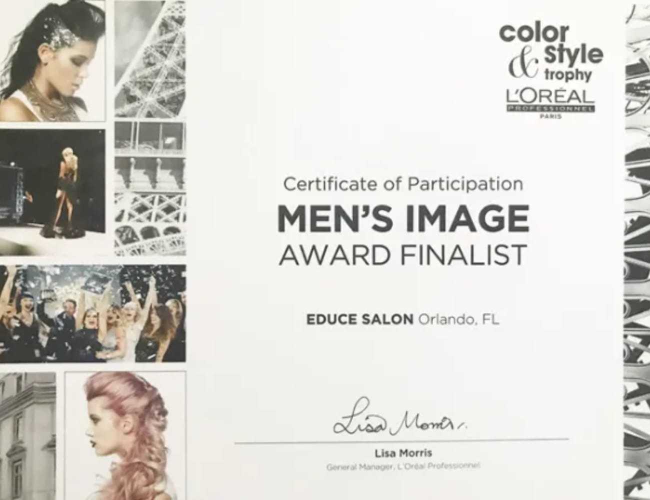 Men's Image Award Finalist Certificate from L'Oréal for Educe Salon, Orlando, FL.