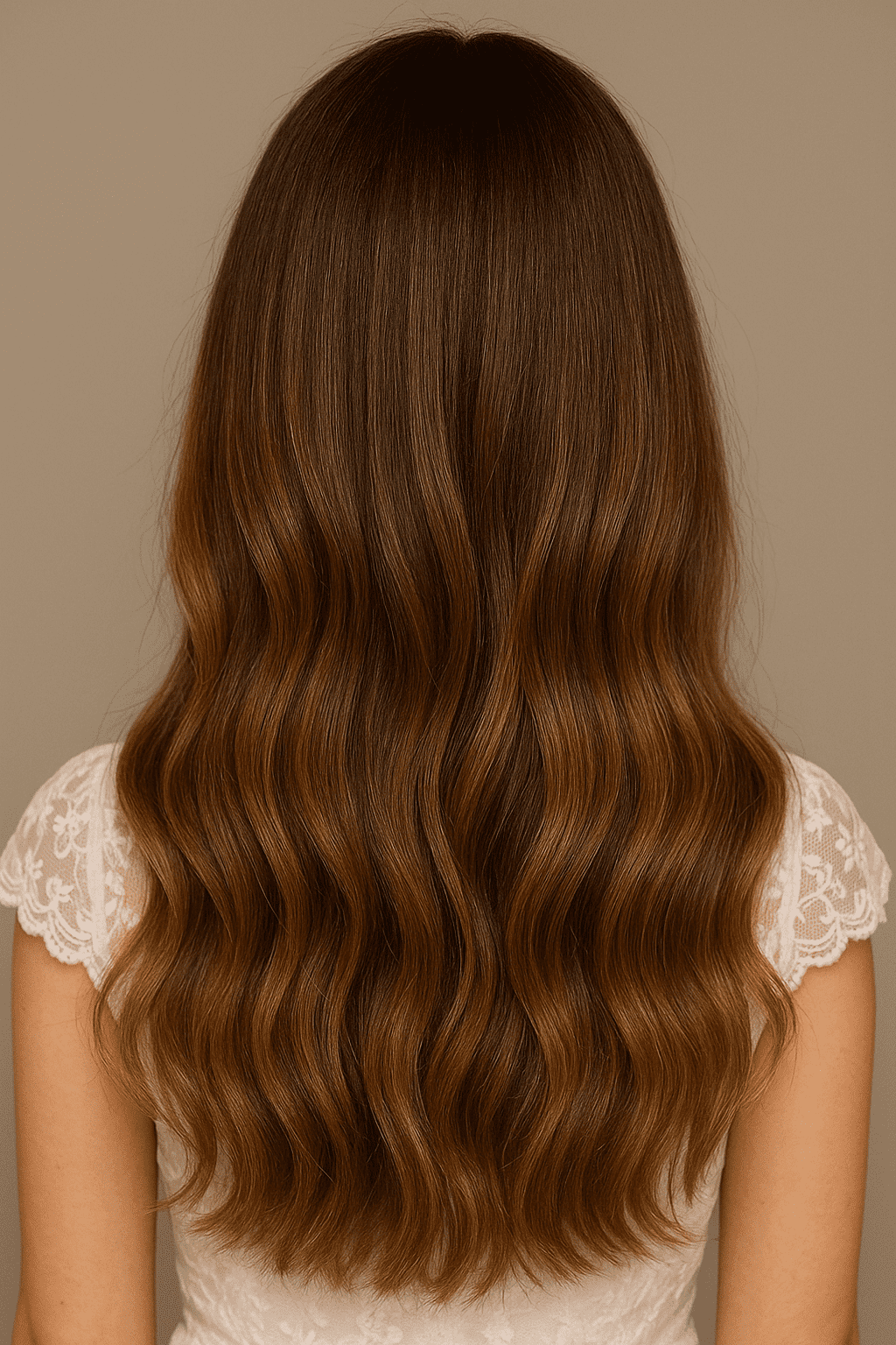 Long, wavy brown hair with lace detail on clothing, viewed from the back.