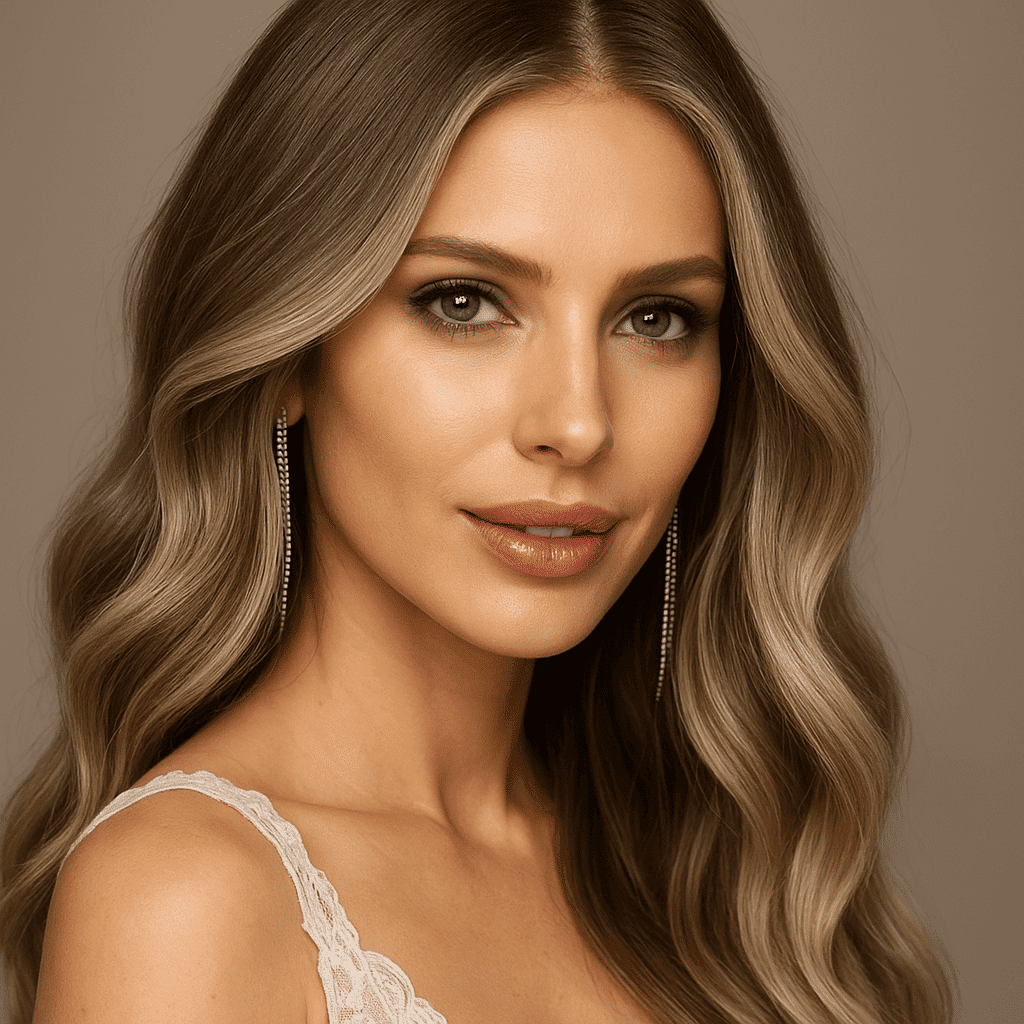 Woman with long wavy hair and elegant earrings, smiling softly.