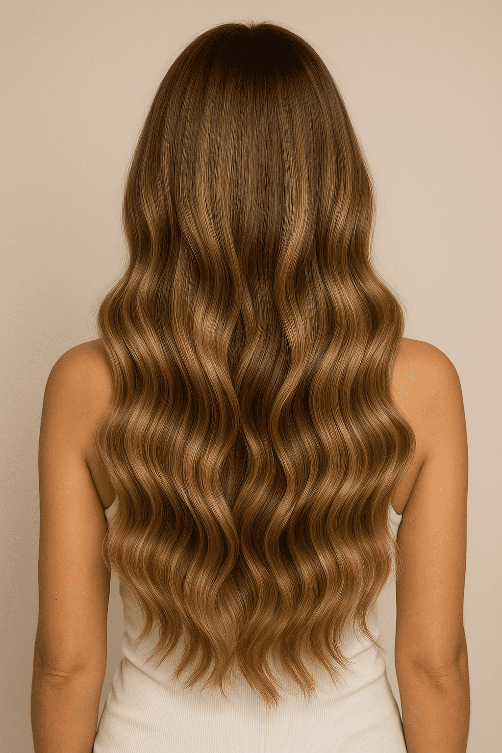 Long, wavy brown hair styled elegantly in soft waves, shown from the back.