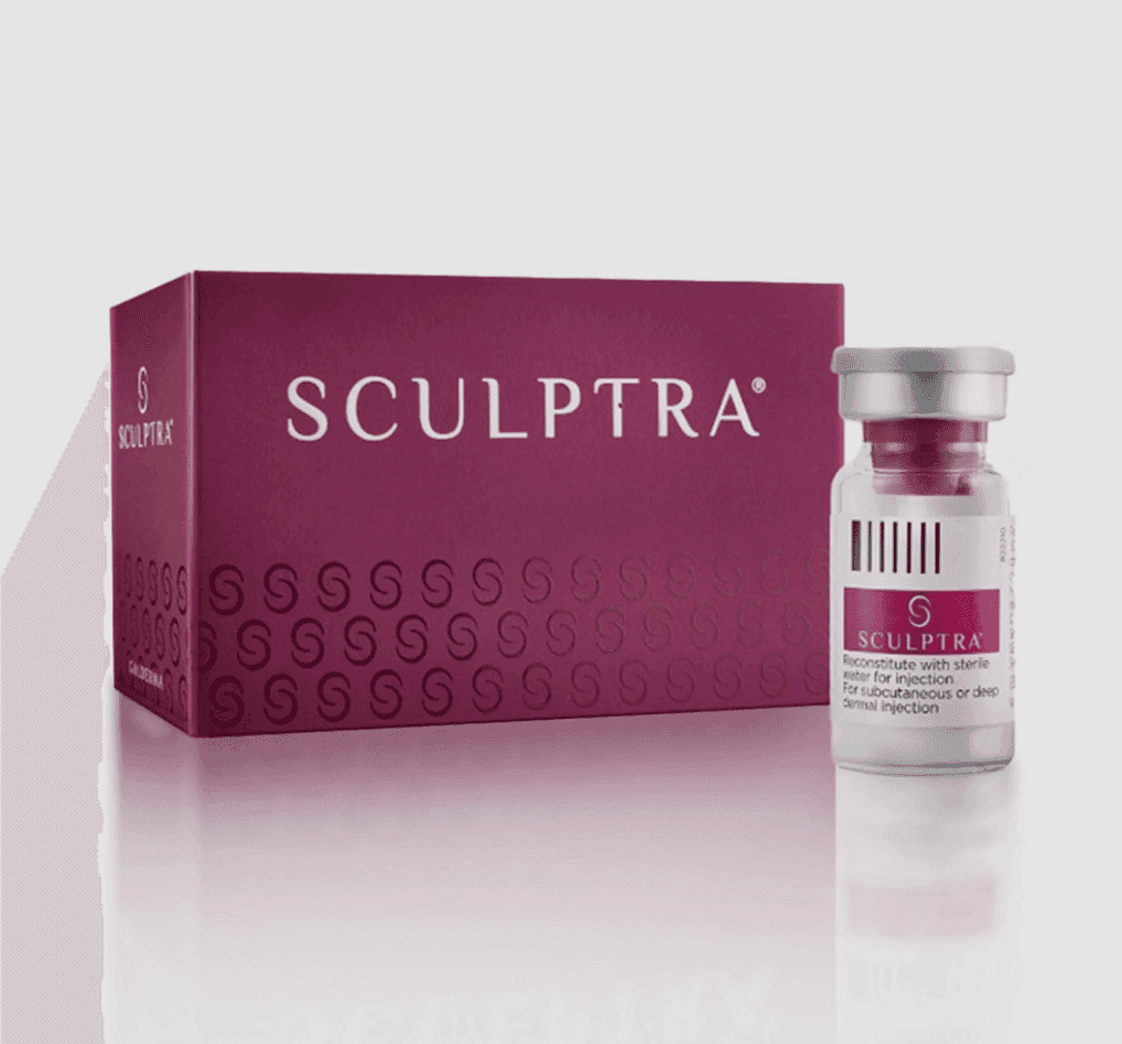 Sculptra box and vial for deep dermal injections, against a white background.