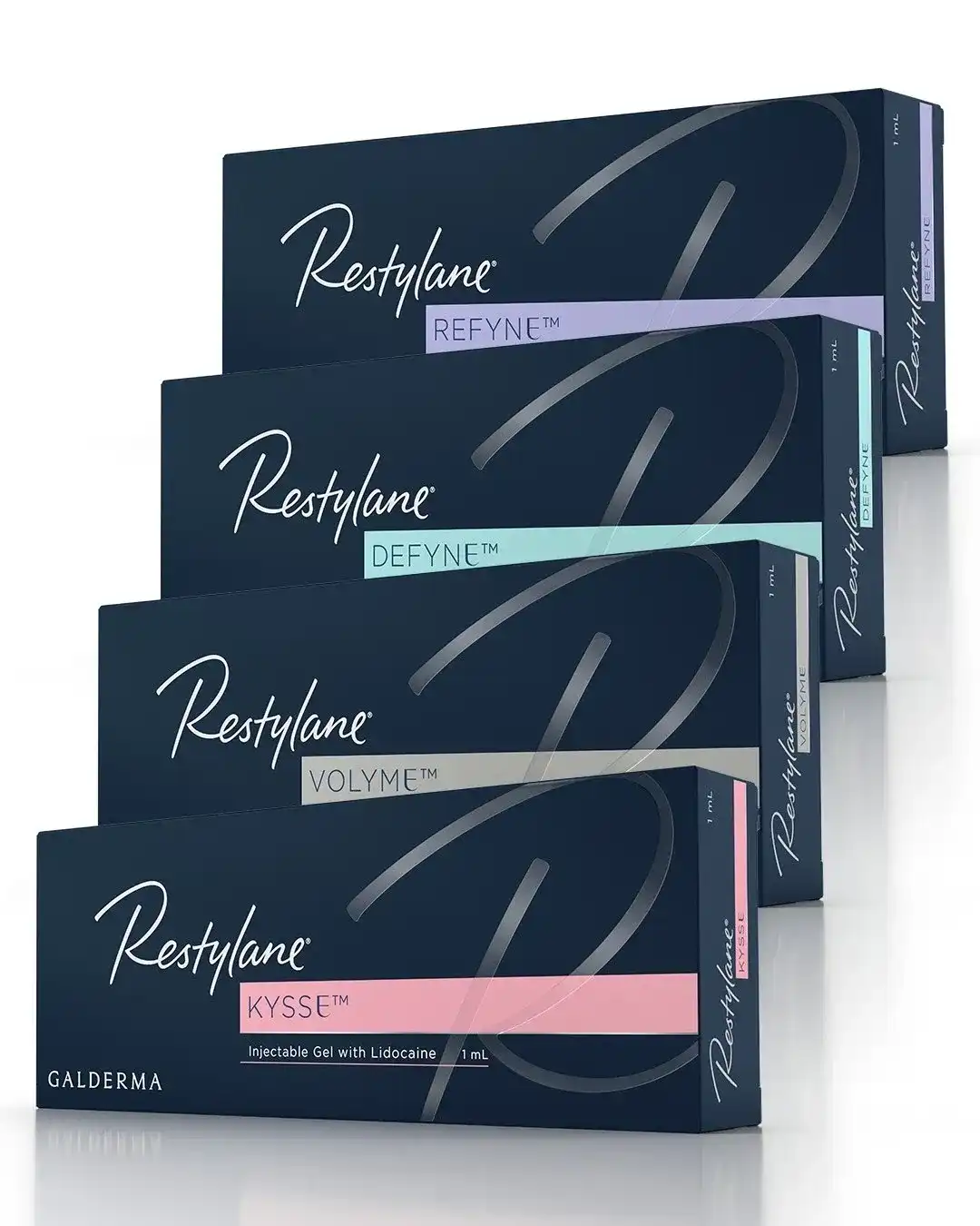 Restylane product boxes stacked in a gradient arrangement, featuring different types.