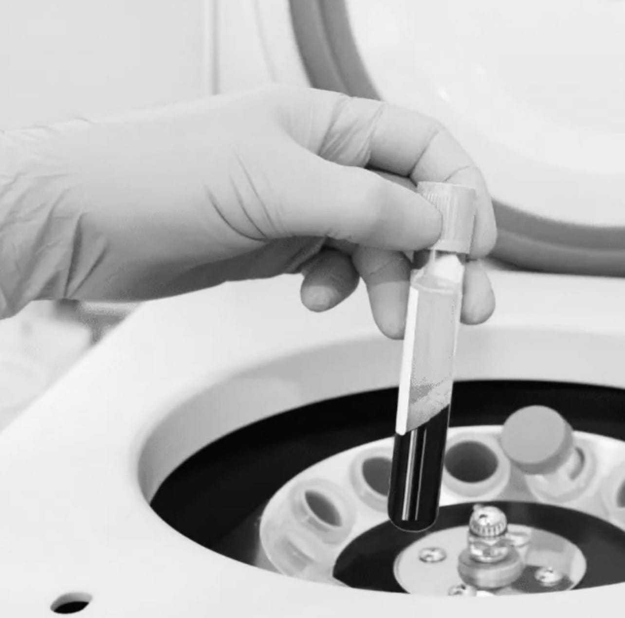 Gloved hand holding a blood sample tube near a centrifuge.