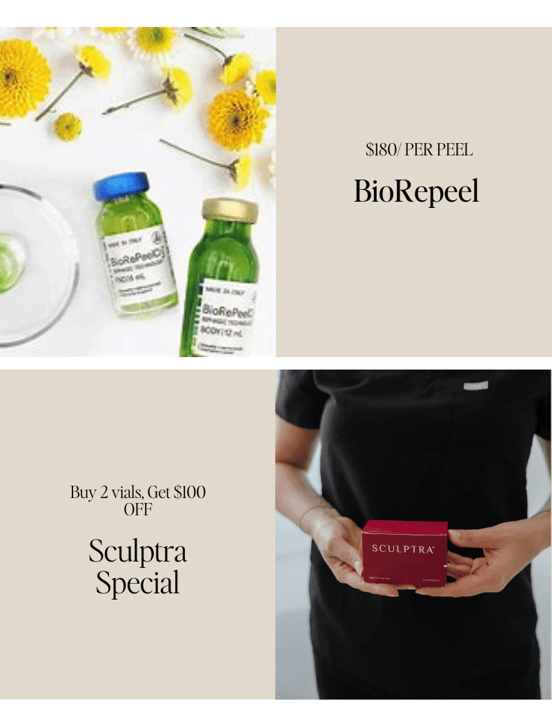 BioRePeel vials and flowers; Sculptra discount promo card in hands.
