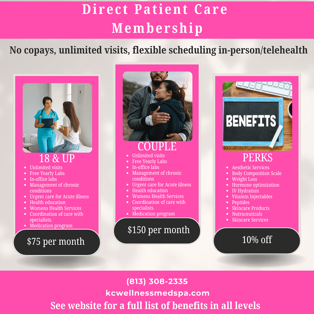 Direct Patient Care Membership options: individual, couple, and perks with pricing.