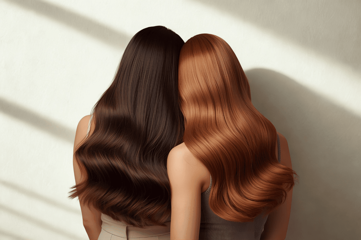 Two women with long, wavy dark and red hair facing away in soft lighting.