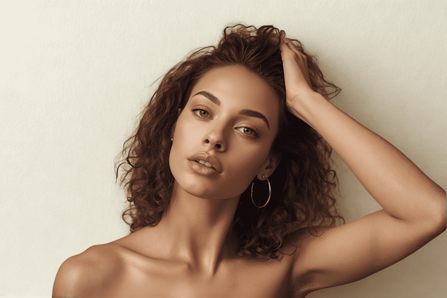 Young woman with curly hair and hoop earrings, posing against a neutral background.