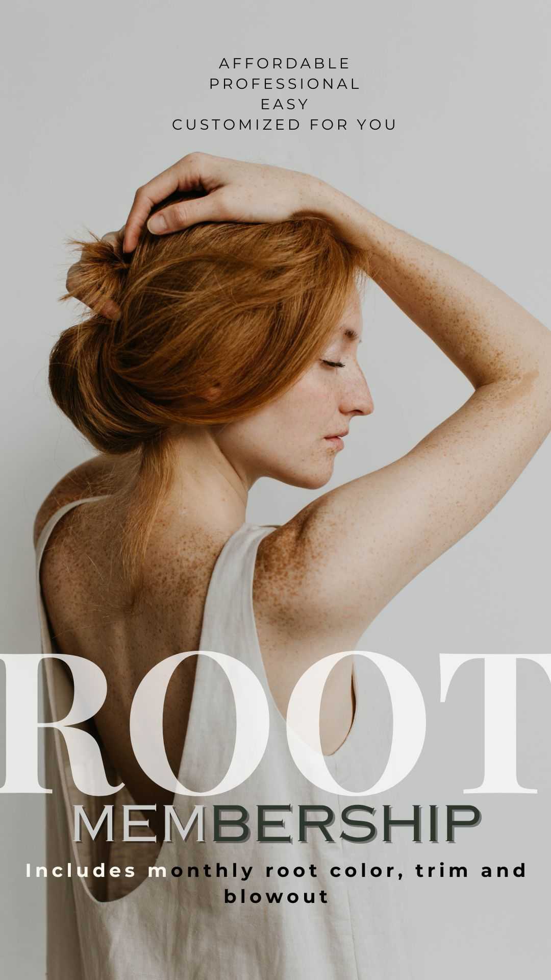 Young woman with red hair in profile, promoting a hair root membership service.