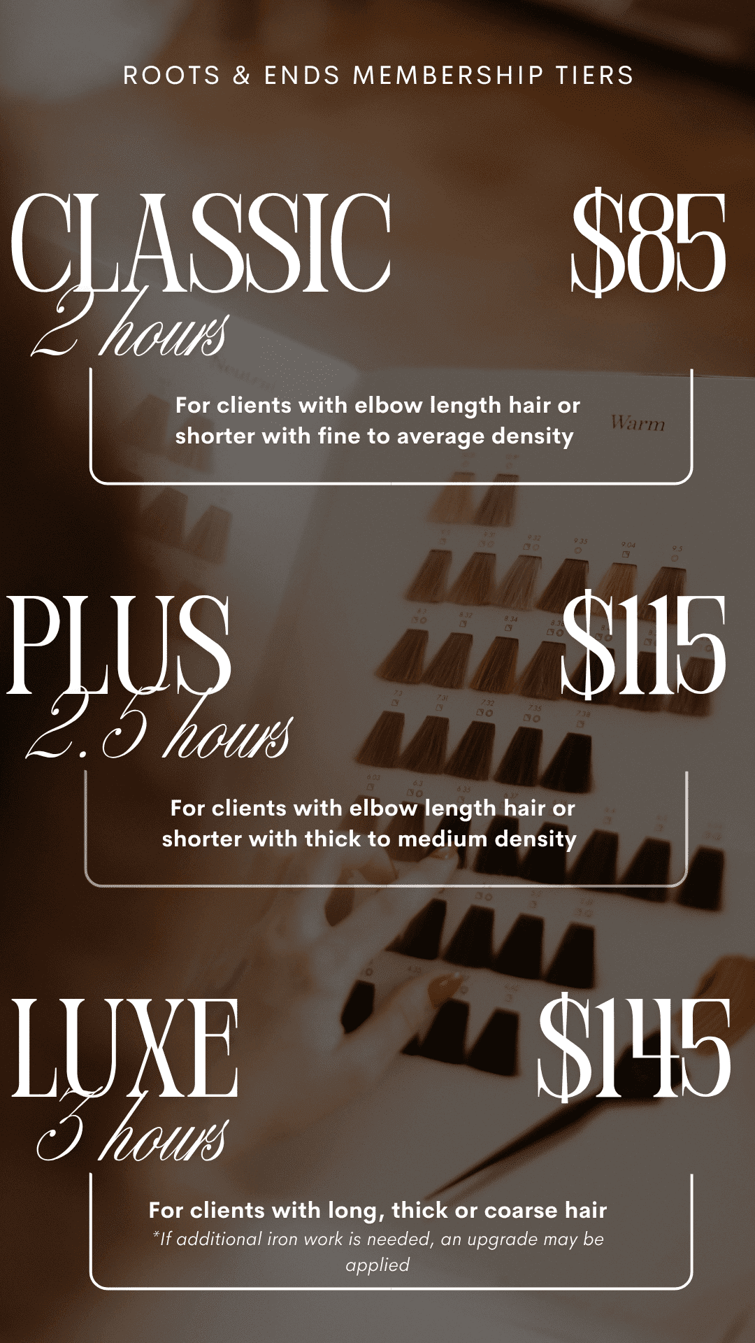 Membership tiers with pricing: Classic $85, Plus $115, Luxe $145. Hair length and density details.
