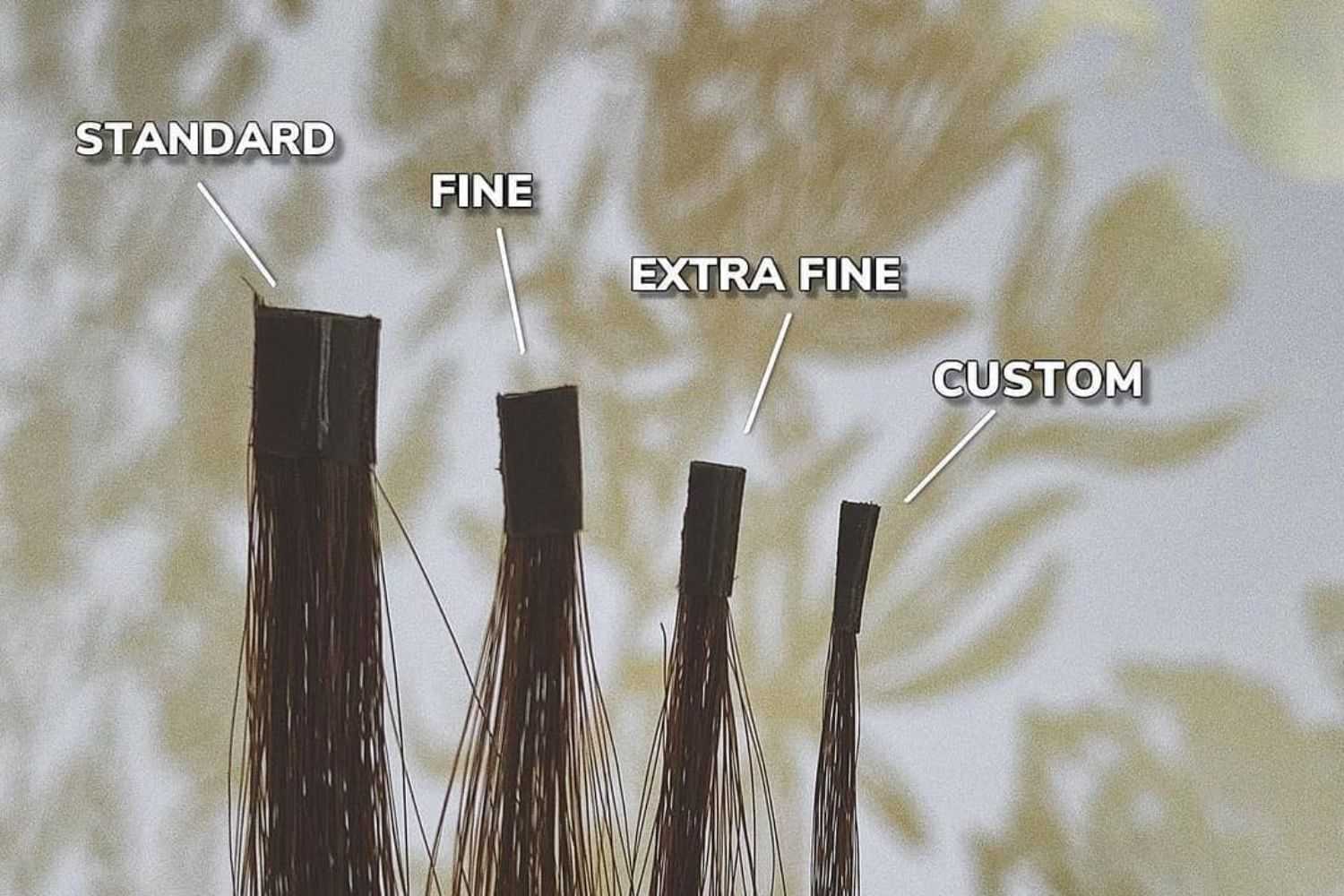 Different types of brush bristles labeled standard, fine, extra fine, and custom.