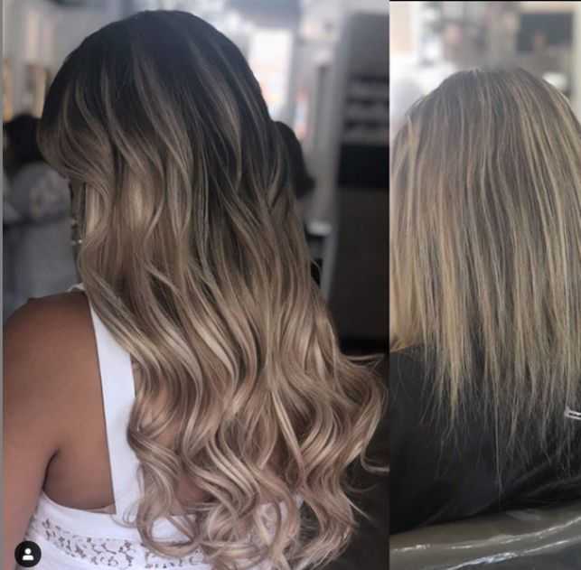 Before and after hair transformation: long, wavy, blonde hair versus straight, dyed hair.