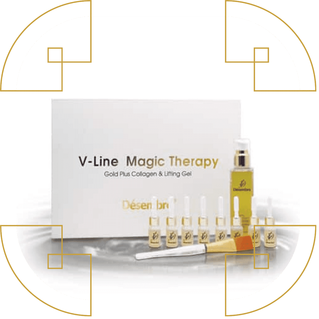 V-Line Magic Therapy skincare set with gold plus collagen and lifting gel, brush, and ampoules.