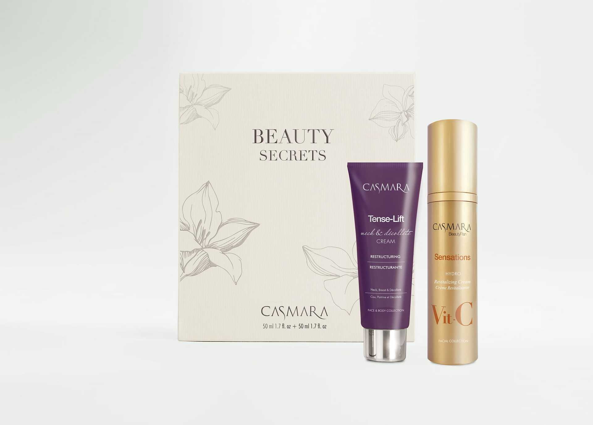 Casmara Beauty Secrets set with Tense-Lift cream and Sensations Vit C serum against a white background.