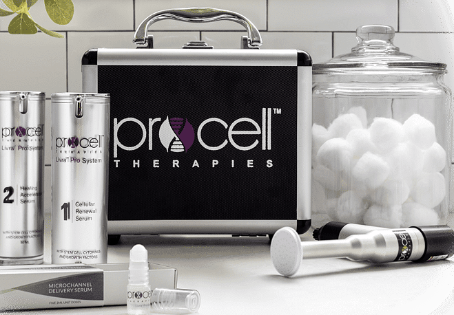 Procell Therapies skincare products on a bathroom counter, including serums and a microneedling device.