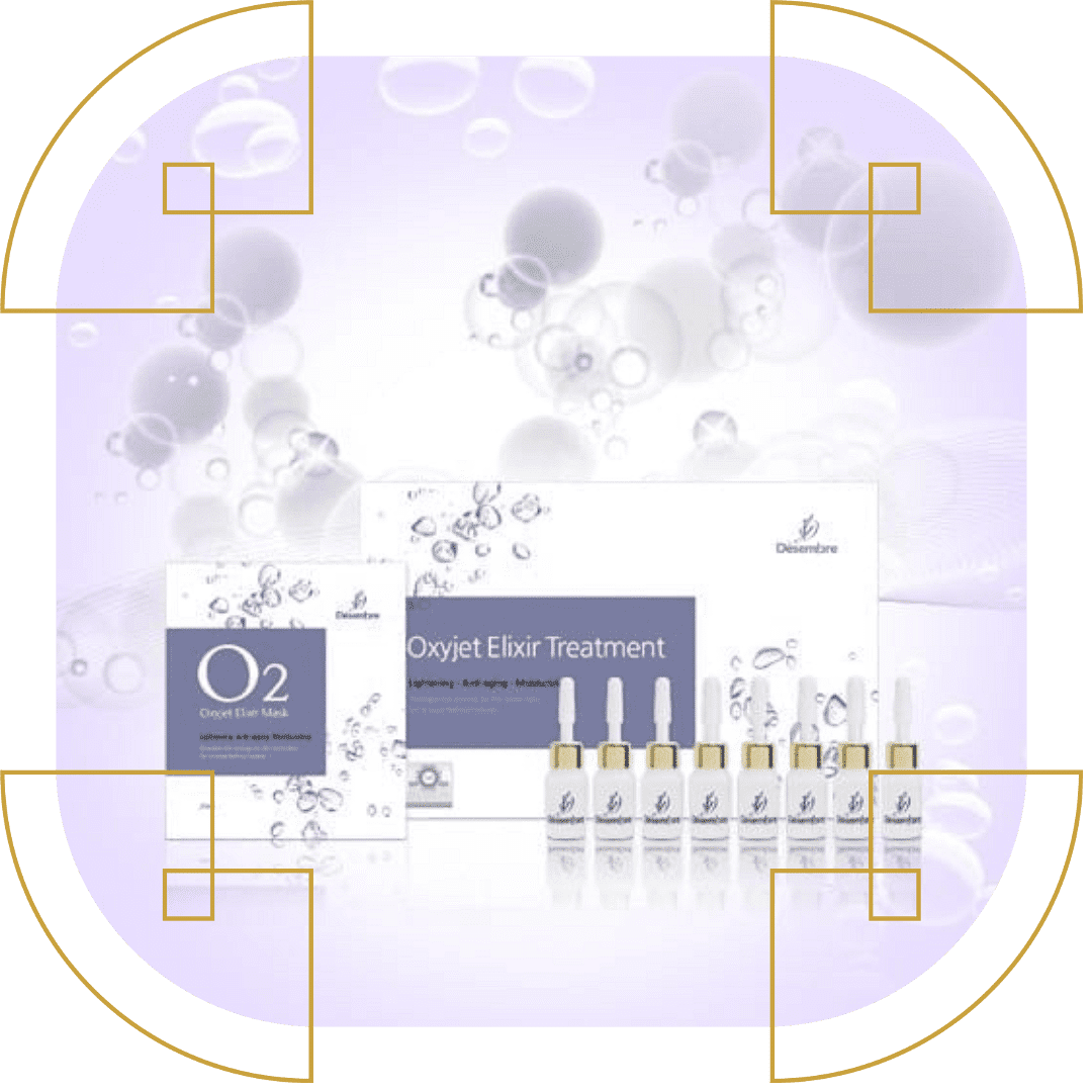 Oxyjet Elixir Treatment kit with bottles and packaging, set against a bubbly abstract background.