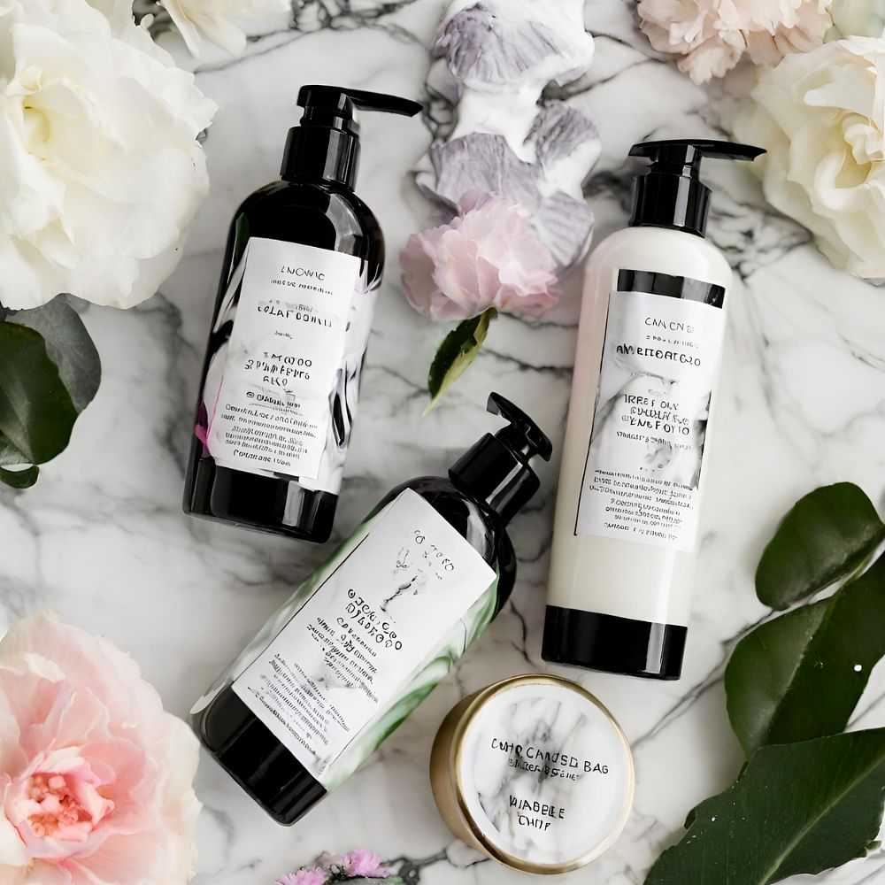 Four bottles of cosmetics with floral backdrop.