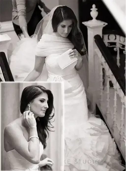 Bride descending staircase, holding paper; inset shows bride adjusting earring.