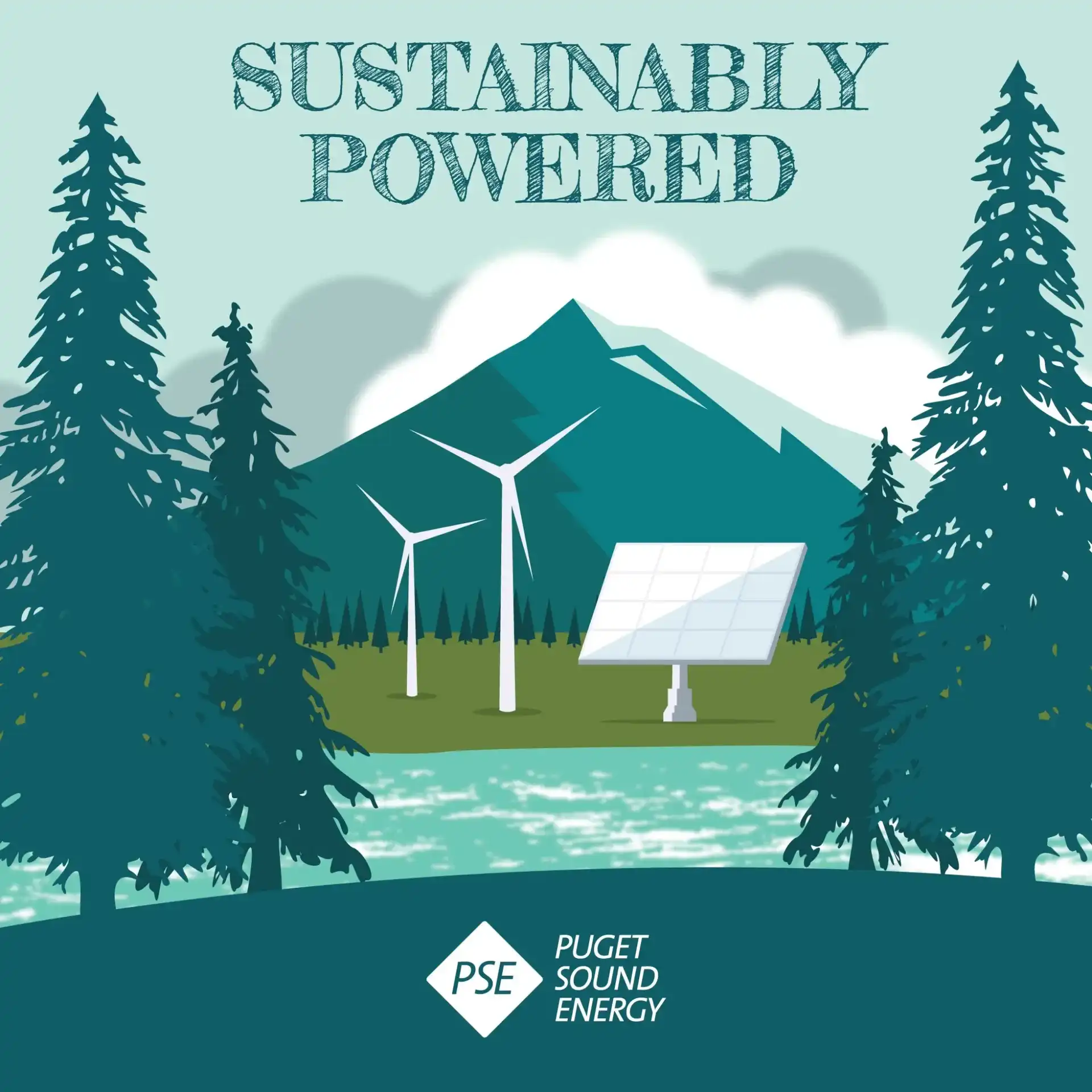 Sustainable landscape with wind turbines and solar panel near a mountain and lake.