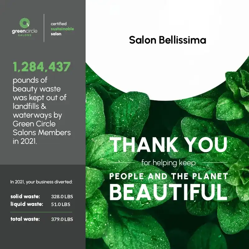 Salon Bellissima's eco-initiative: 1,284,437 pounds of beauty waste diverted in 2021.