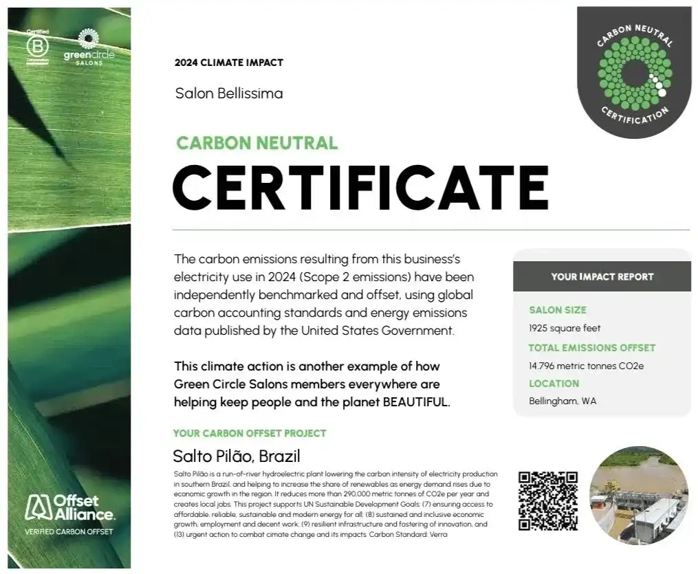 Carbon Neutral Certificate for Salon Bellissima highlighting climate action and sustainability efforts.