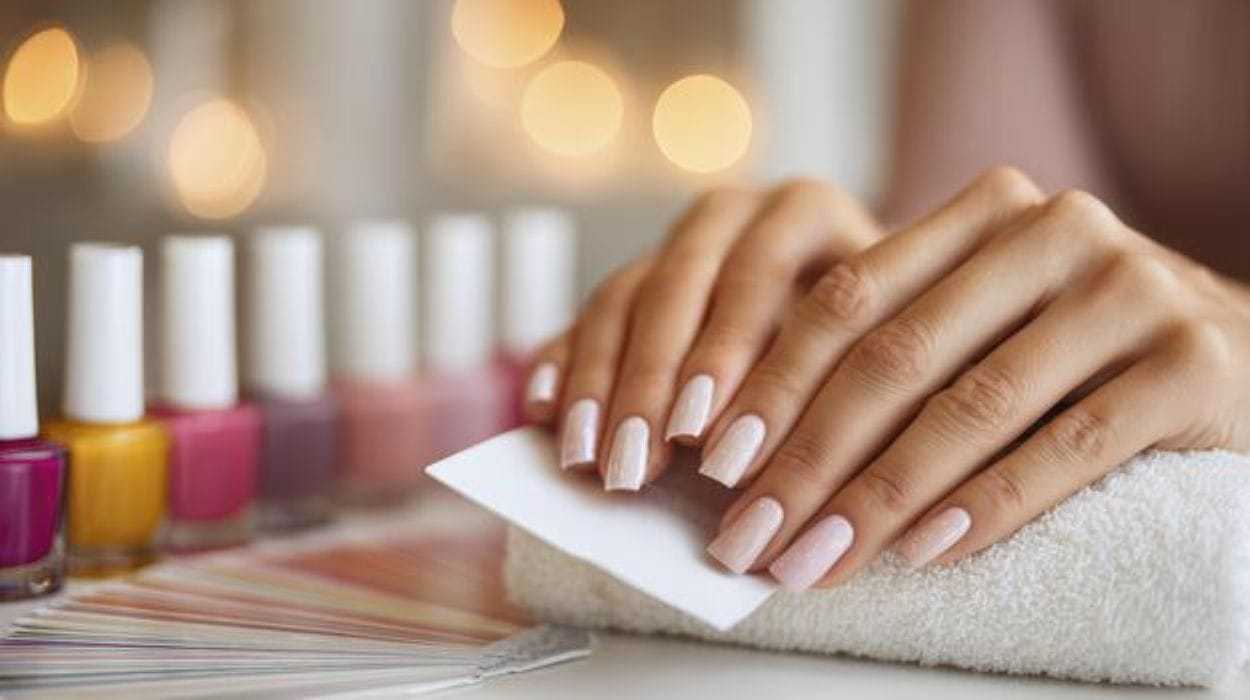 Hands with white nails resting on a towel, surrounded by colorful nail polish bottles.