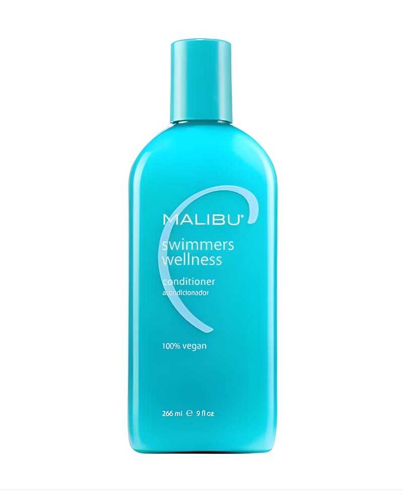 Vegan swimmers' wellness conditioner bottle, 266 ml size, turquoise color.
