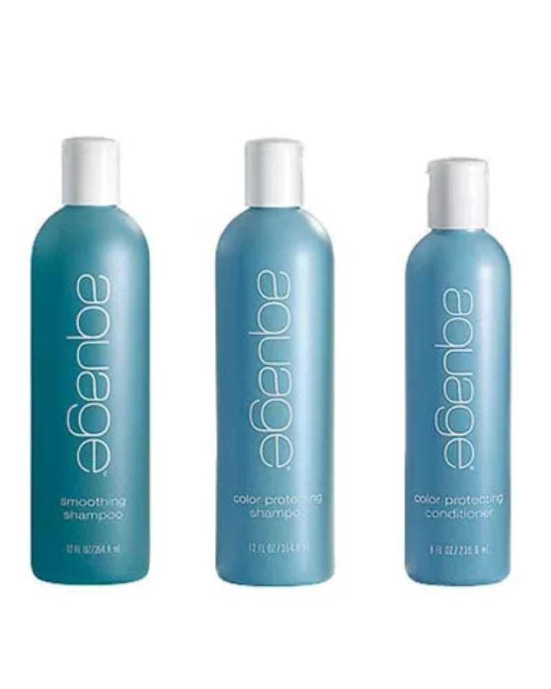 Aquage hair care products: Smoothing Shampoo, Color Protecting Shampoo, Conditioner.
