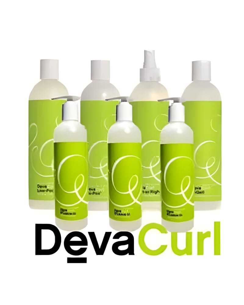 DevaCurl hair products lineup with green and white bottles.