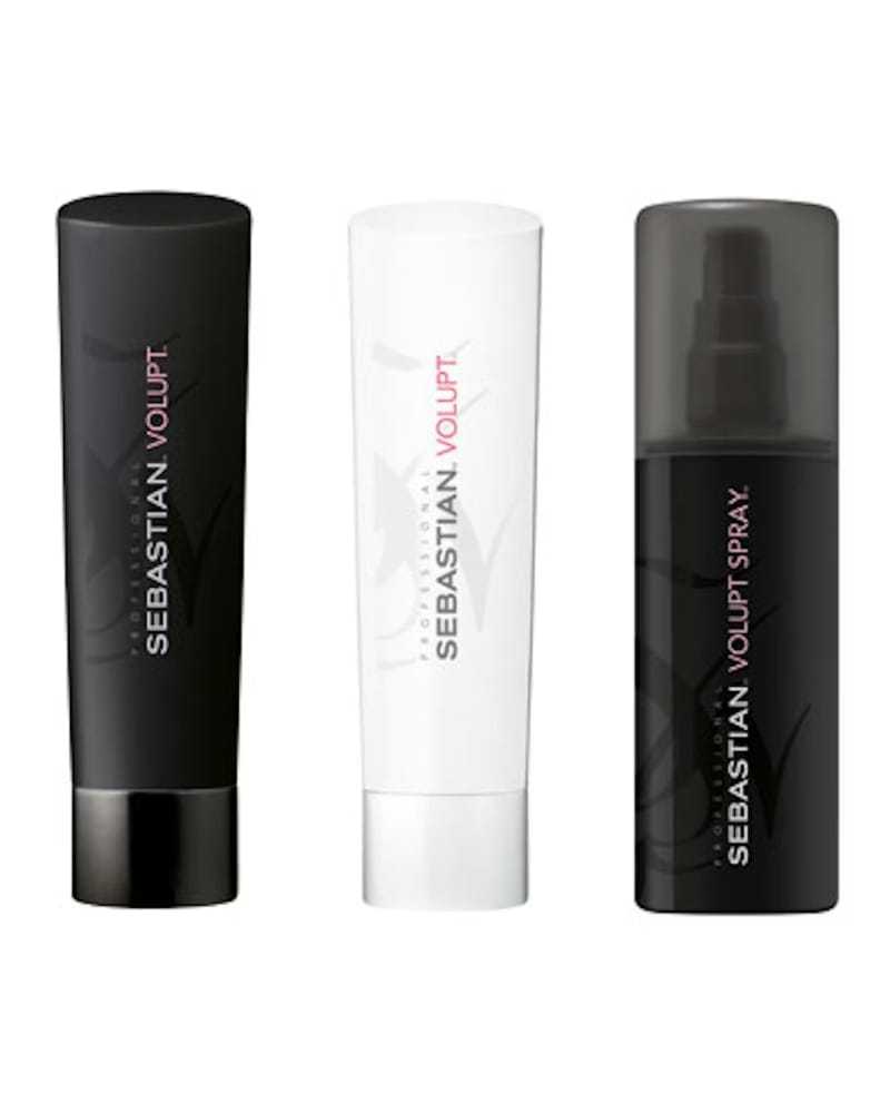Sebastian Volupt hair care products: shampoo, conditioner, and spray bottles.