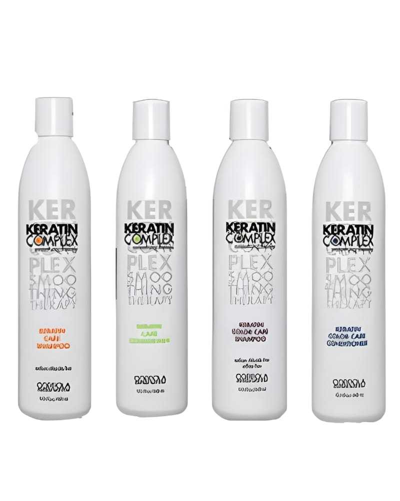 Keratin Complex shampoo bottles in a row, each with different label colors and text.