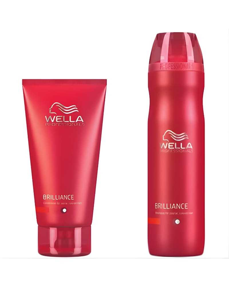 Wella Brilliance shampoo and conditioner bottles in red packaging.