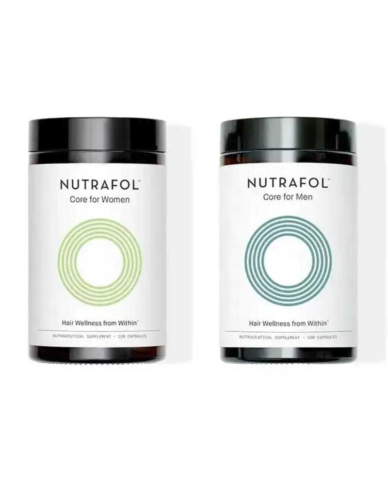 Nutrafol supplements for women's and men's hair wellness, 120 capsules each.