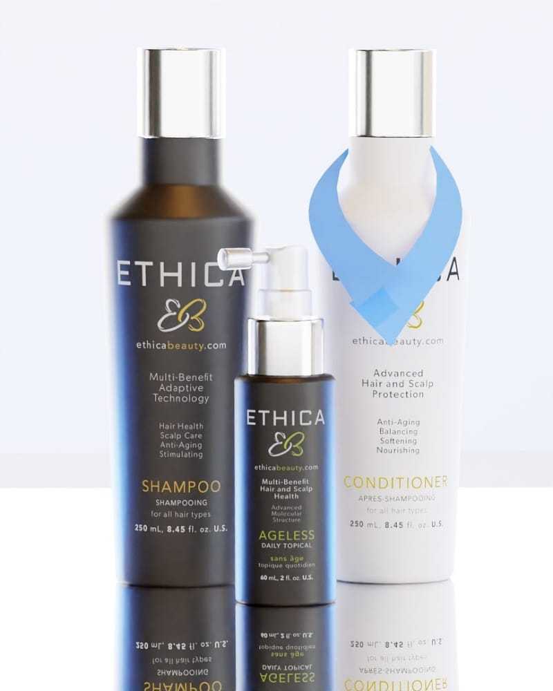Ethica beauty products: shampoo, conditioner, and topical treatment on a reflective surface.