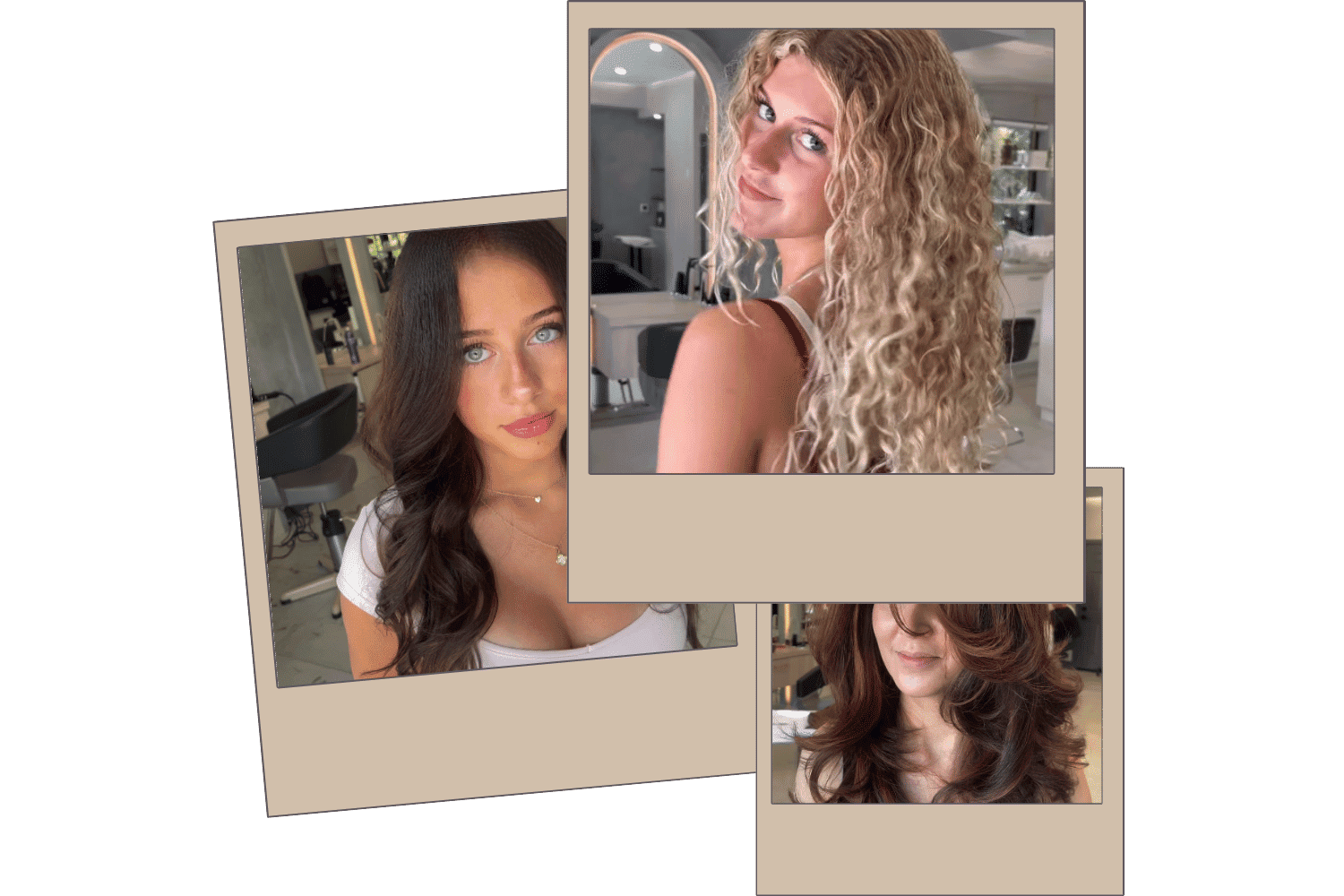 Hairstyles showcase: brunette waves, blonde curls, and voluminous layered hair in a salon setting.