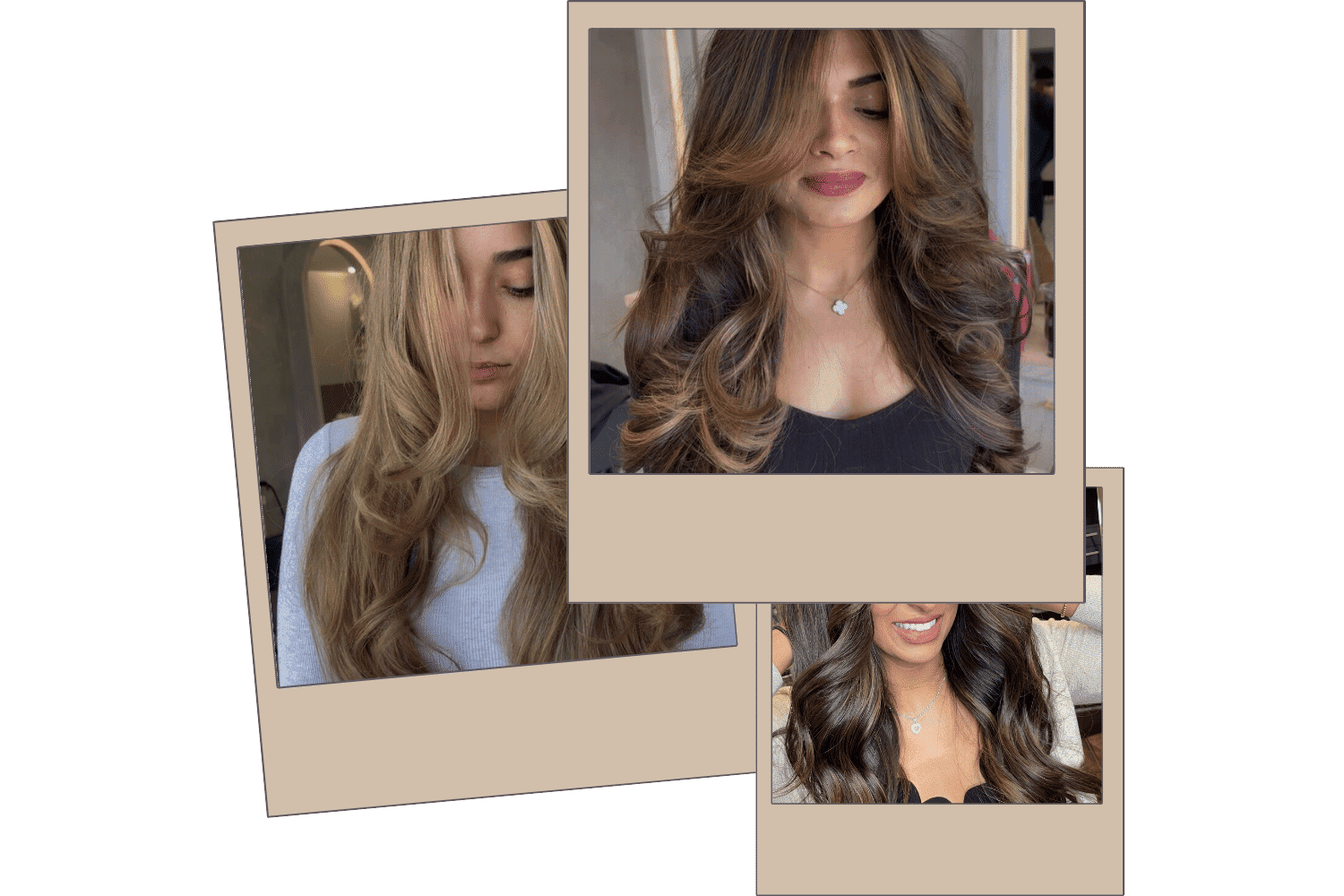 Three polaroids showing women with different elegant, long hairstyles in shades of brown and blonde.