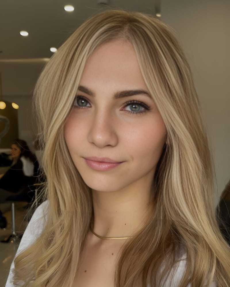 Woman with long blonde hair in a salon setting.