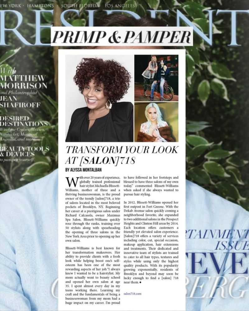Magazine page on a salon featuring a stylist and different hairstyles.