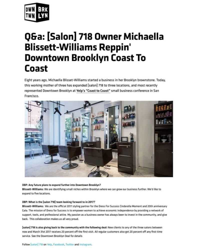Q&A article featuring Michaella Blissett-Williams and her Brooklyn-based salon expansion.